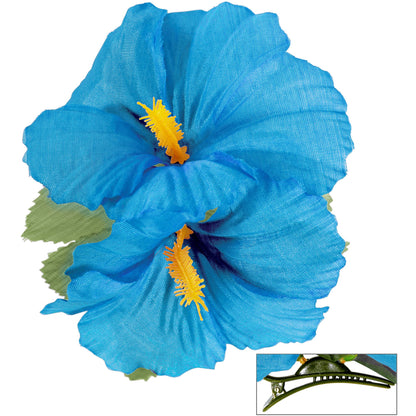 "HAARSPANGE MIT 2 HELLBLAUEN HIBISKUSBLUMEN" – Vorderansicht