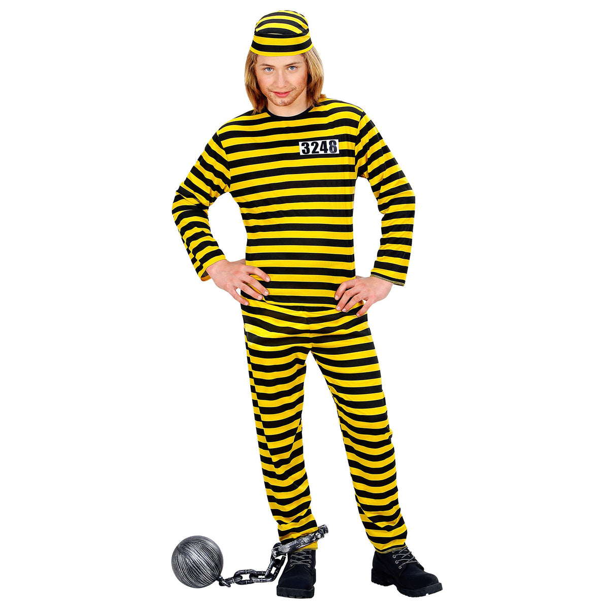 "HÄFTLING" gelb/schwarz (Oberteil,Hose, Mütze) – Vorderansicht