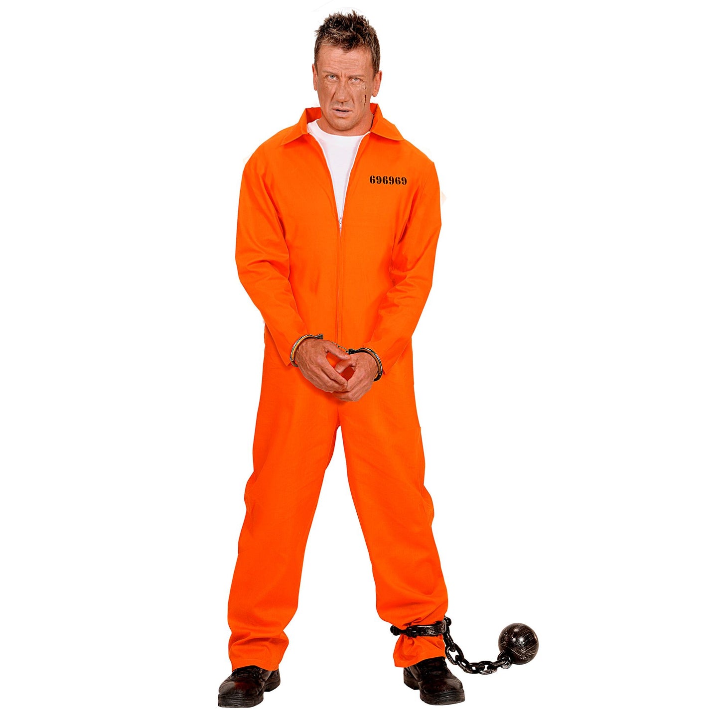 Widmann Sträfling Herrenkostüm Orange Schwarz Jumpsuit mit Handschellen – Detailansicht