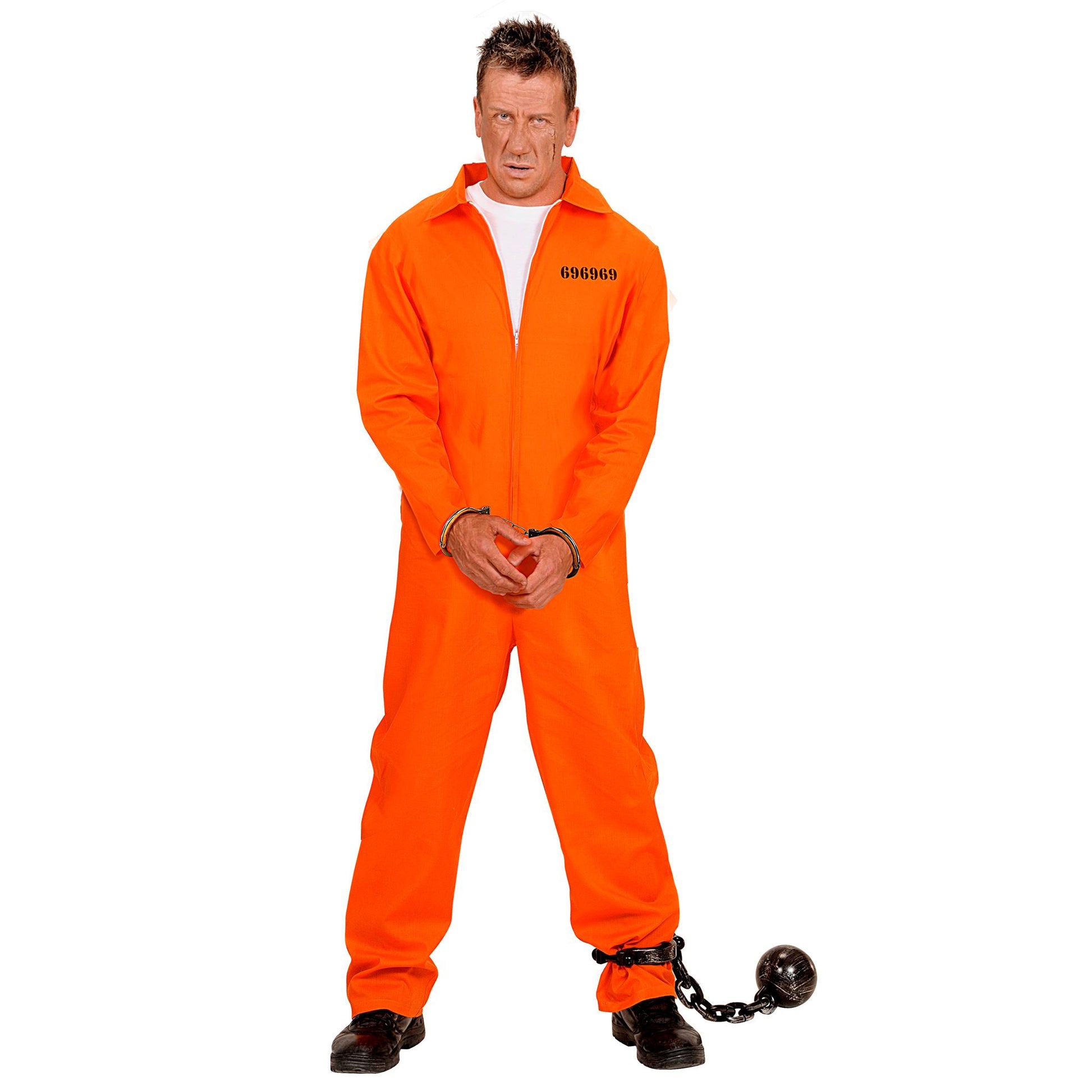 Widmann Sträfling Herrenkostüm Orange Schwarz Jumpsuit mit Handschellen – Detailansicht