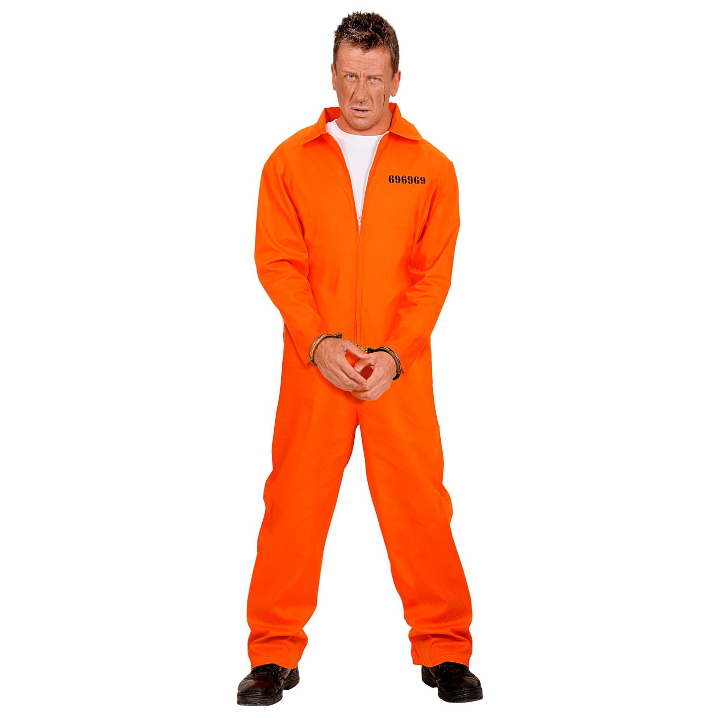 Widmann Sträfling Herrenkostüm Orange Schwarz Jumpsuit mit Handschellen – Seitenansicht