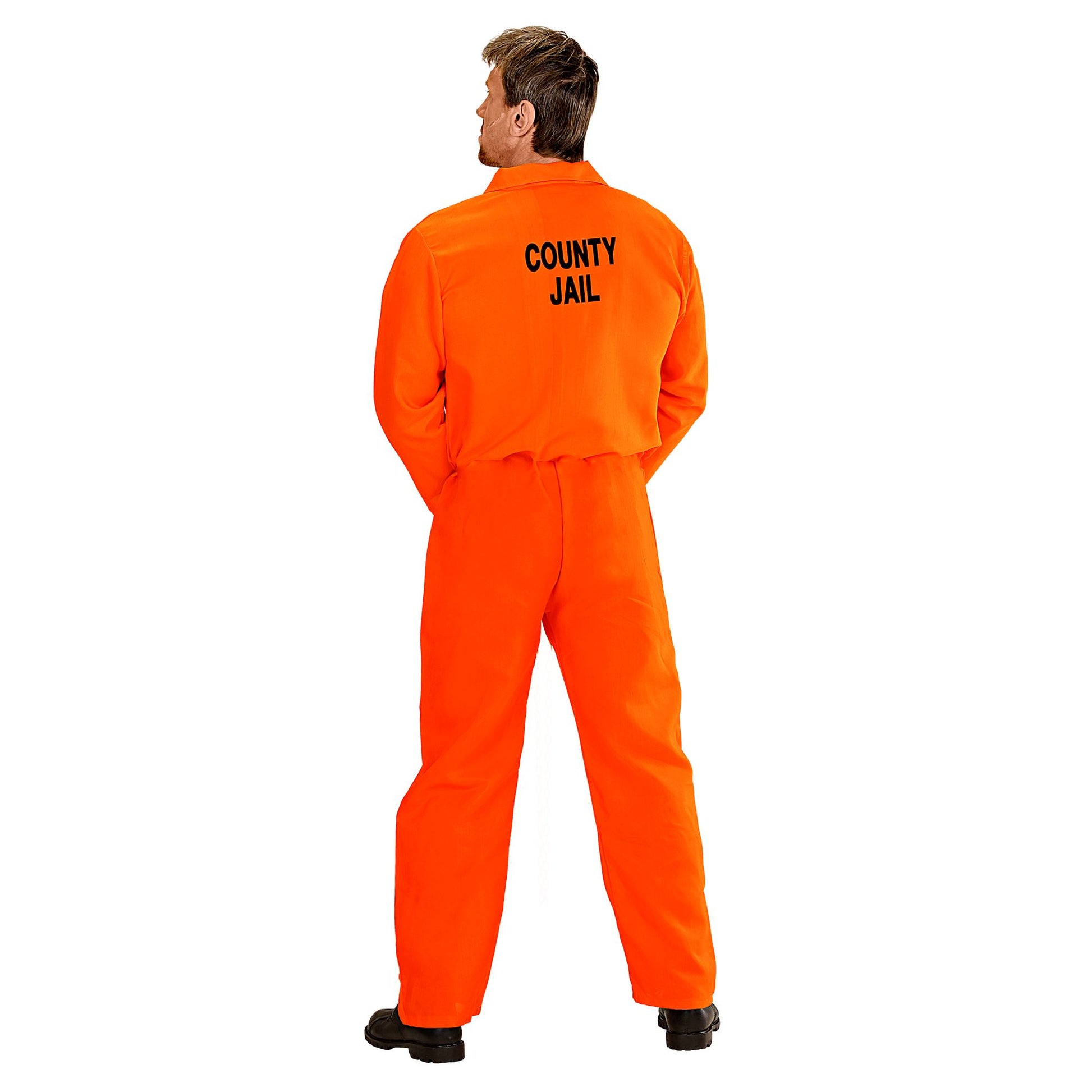 Widmann Sträfling Herrenkostüm Orange Schwarz Jumpsuit mit Handschellen – Rückansicht