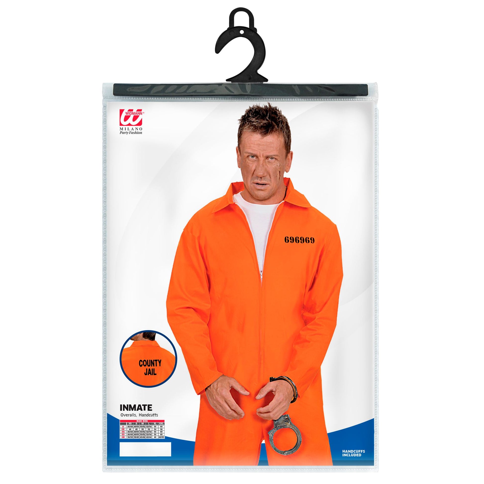 Widmann Sträfling Herrenkostüm Orange Schwarz Jumpsuit mit Handschellen – Verpackung