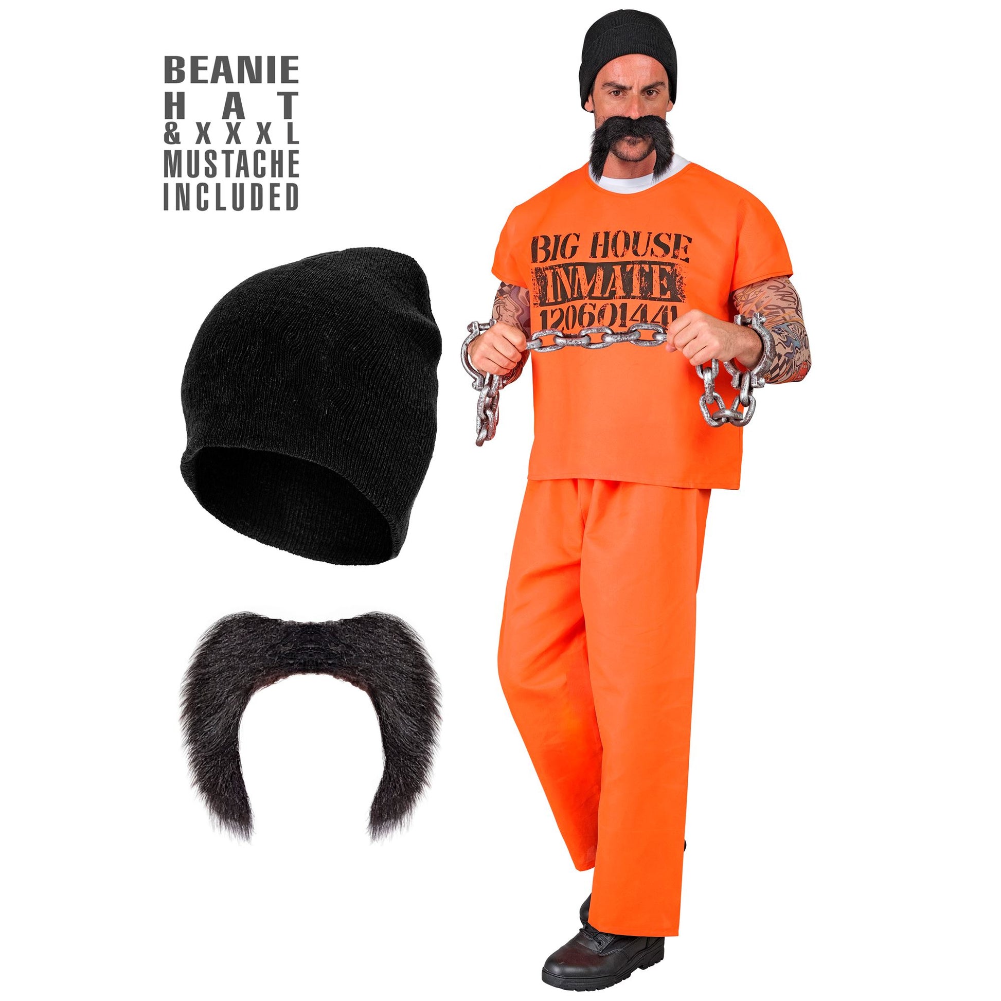 "HÄFTLING" (T-Shirt, Hose, Mütze Schnurrbart) – Vorderansicht