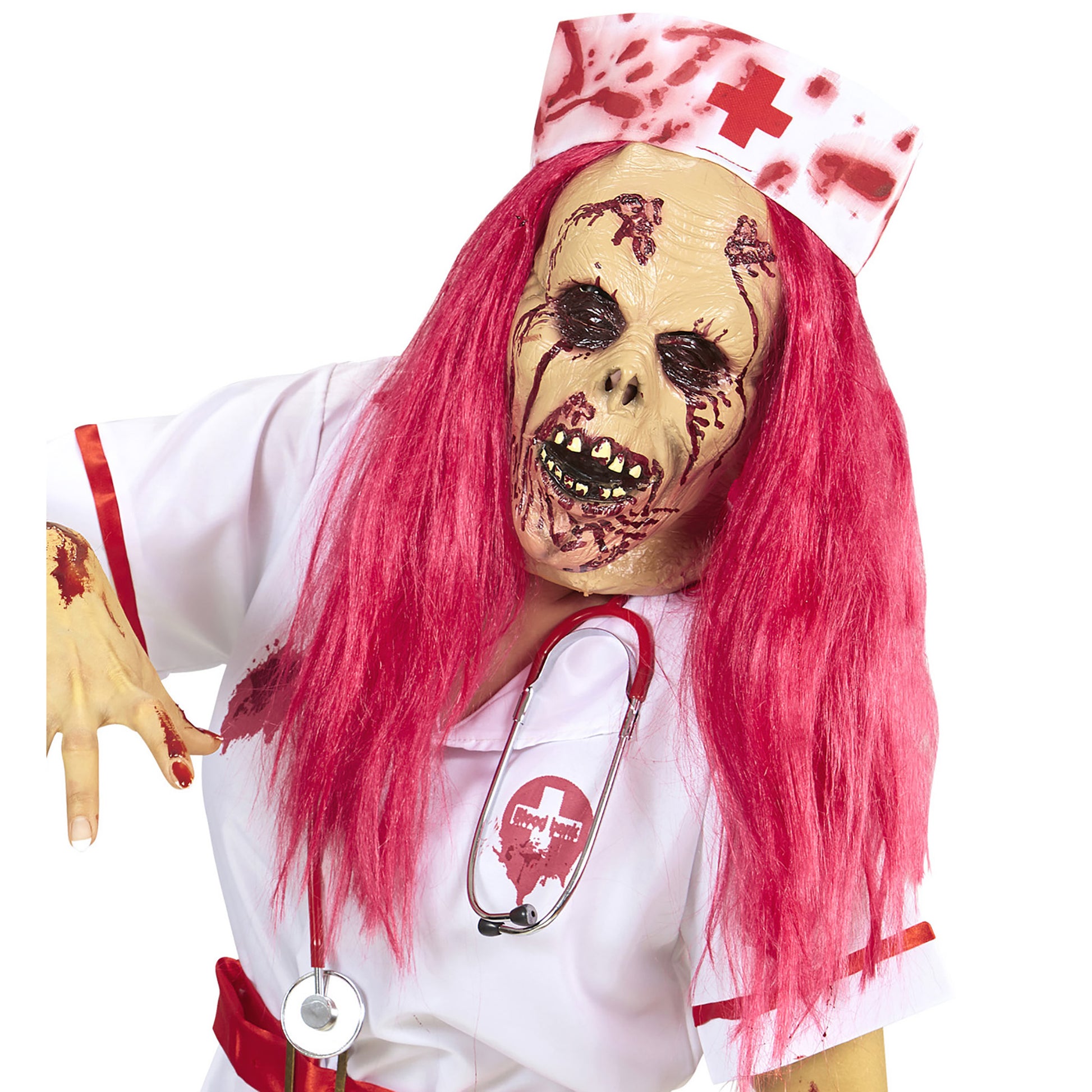 "HALBMASKE ZOMBIEKRANKENSCHWESTER MIT PERÜCKE UND HAUBE" – Vorderansicht