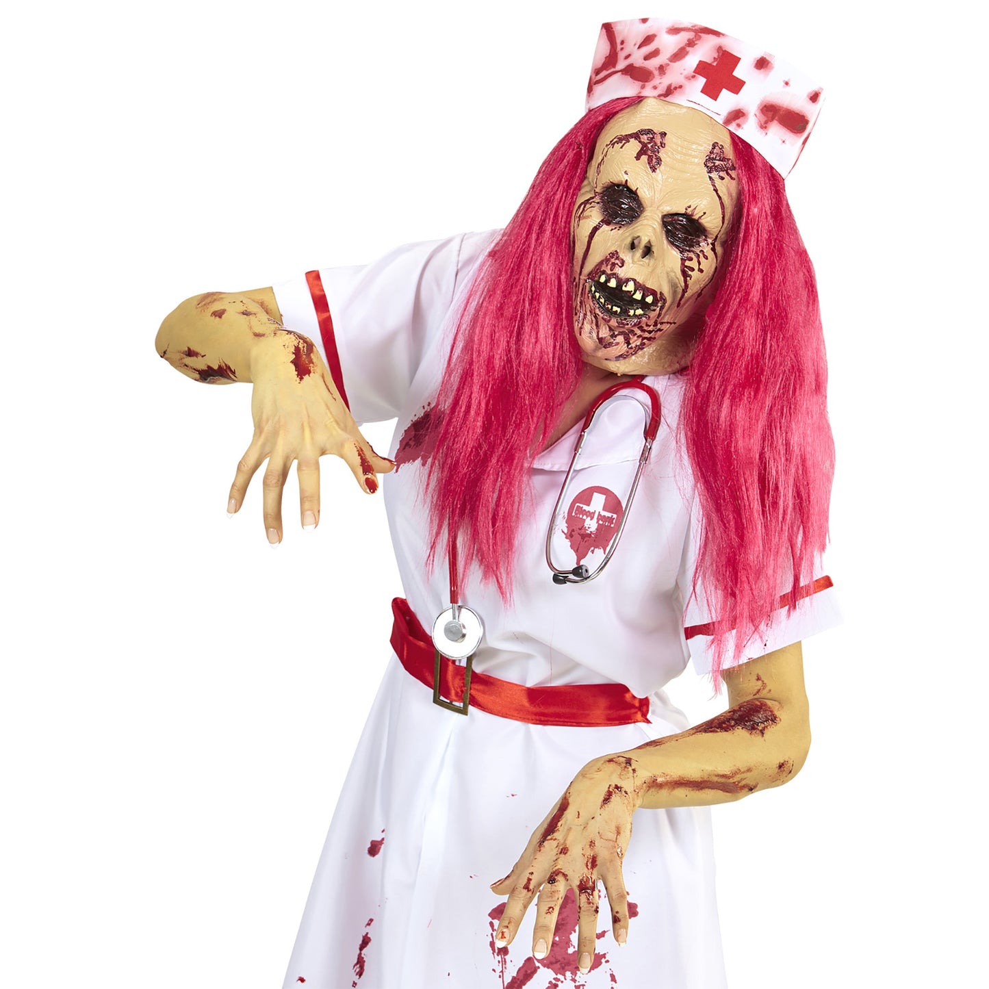 "HALBMASKE ZOMBIEKRANKENSCHWESTER MIT PERÜCKE UND HAUBE" – Detailansicht