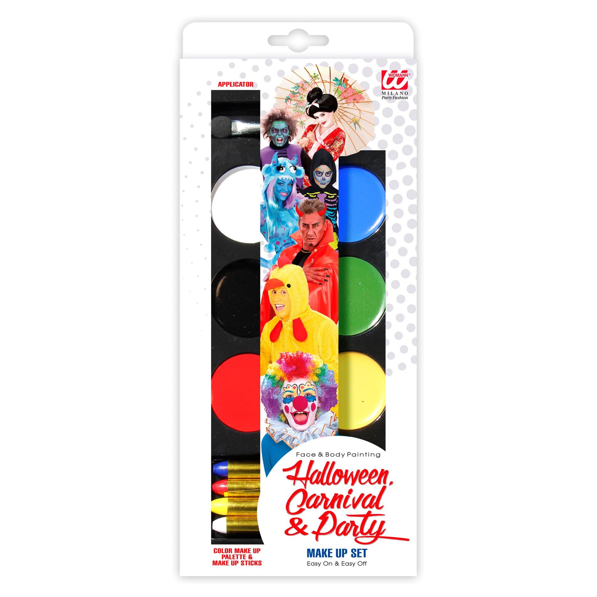 "HALLOWEEN, FASCHING & PARTY MAKE-UP SET IN SCHACHTEL MIT SICHTFENSTER " Palette make-up 6 Farben 30 g (6 x 5 g), 4 Schminkstifte 8,8 g (4 x 2,2 g), Pinsel – Vorderansicht