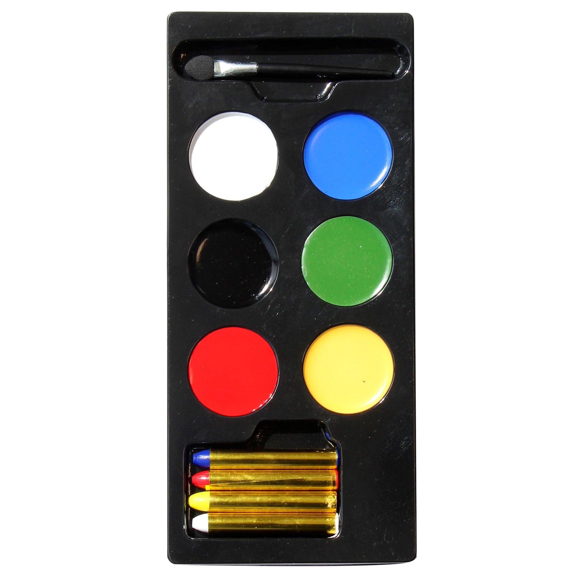 "HALLOWEEN, FASCHING & PARTY MAKE-UP SET IN SCHACHTEL MIT SICHTFENSTER " Palette make-up 6 Farben 30 g (6 x 5 g), 4 Schminkstifte 8,8 g (4 x 2,2 g), Pinsel – Detailansicht