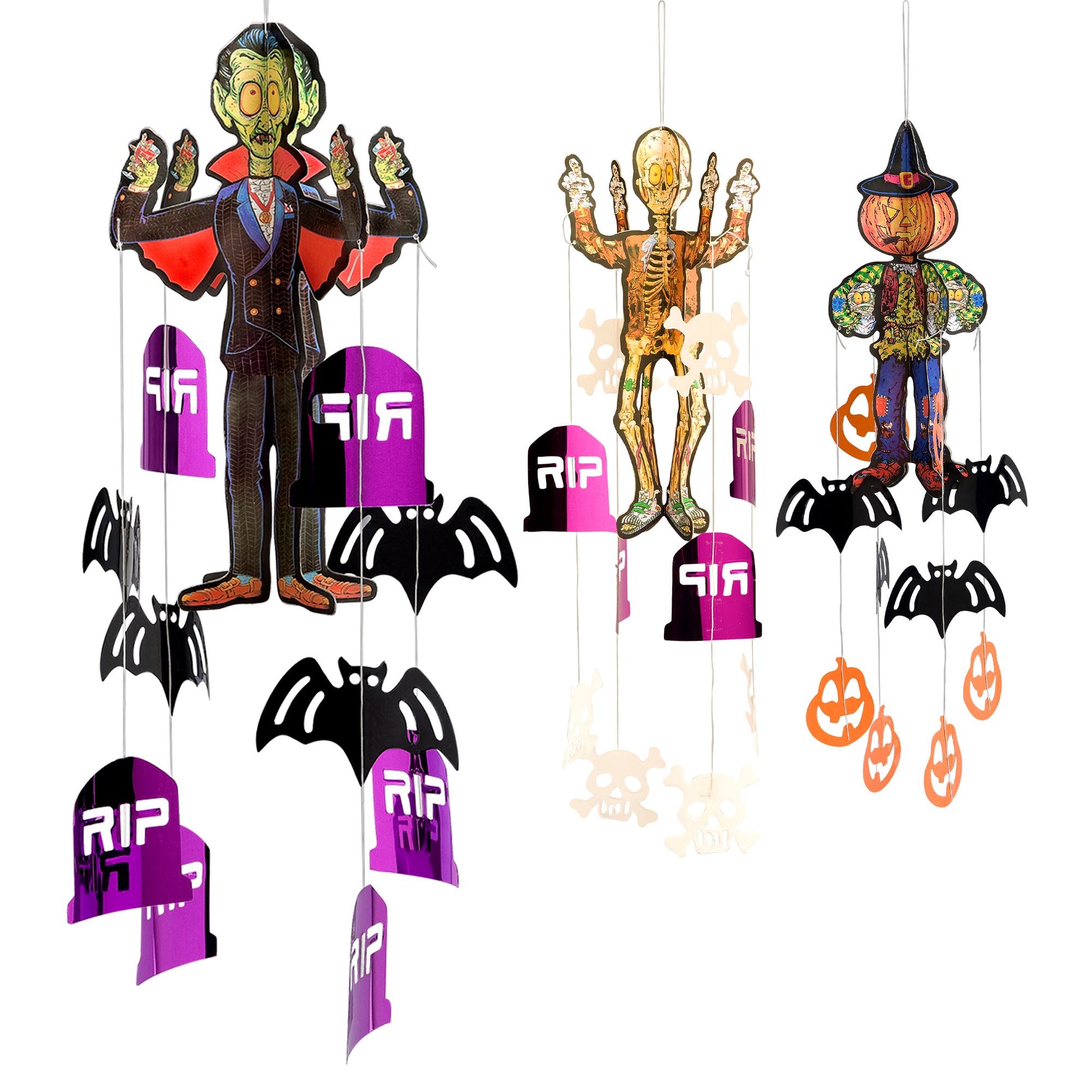 "HALLOWEEN FIGUR MIT HÄNGENDEN DEKORATIONEN" sort. in 3 Modellen: Vampir - Vogelscheuche - Skelett – Vorderansicht