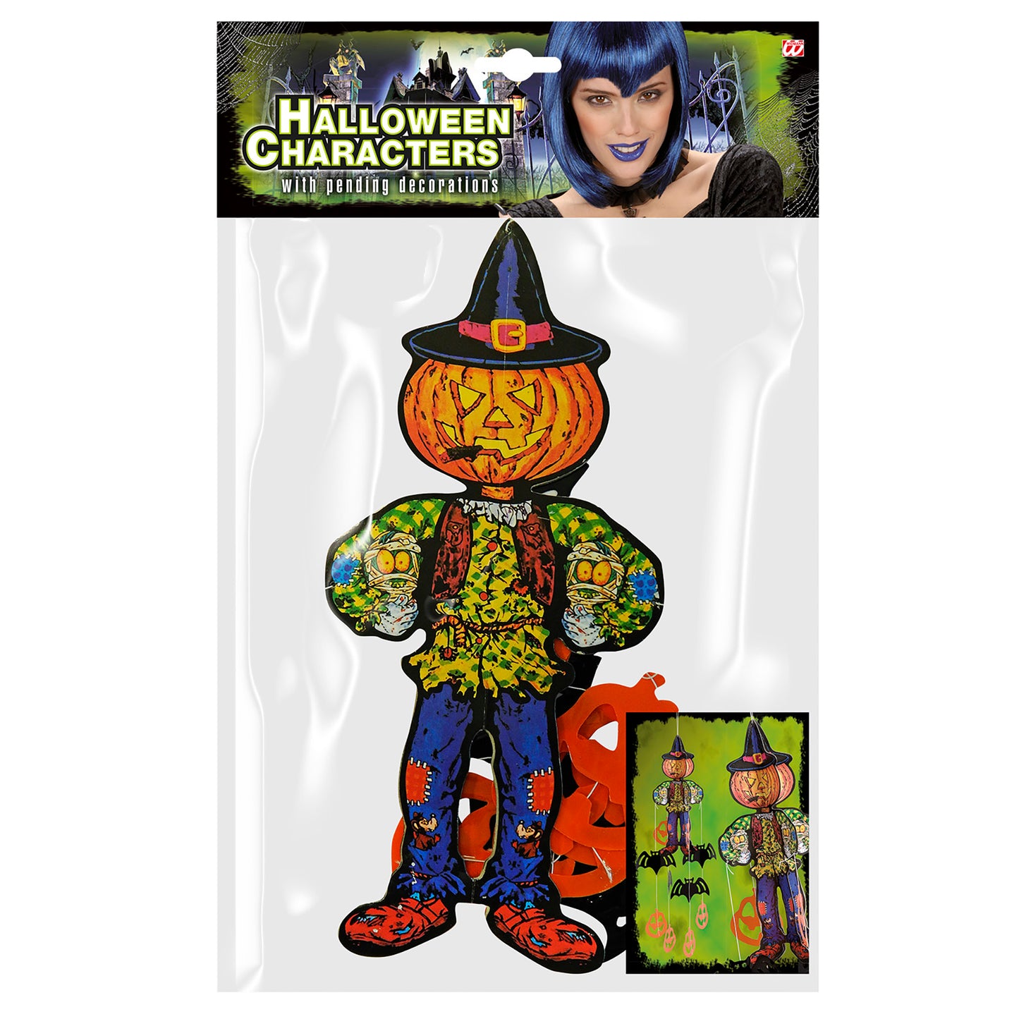 "HALLOWEEN FIGUR MIT HÄNGENDEN DEKORATIONEN" sort. in 3 Modellen: Vampir - Vogelscheuche - Skelett – Detailansicht