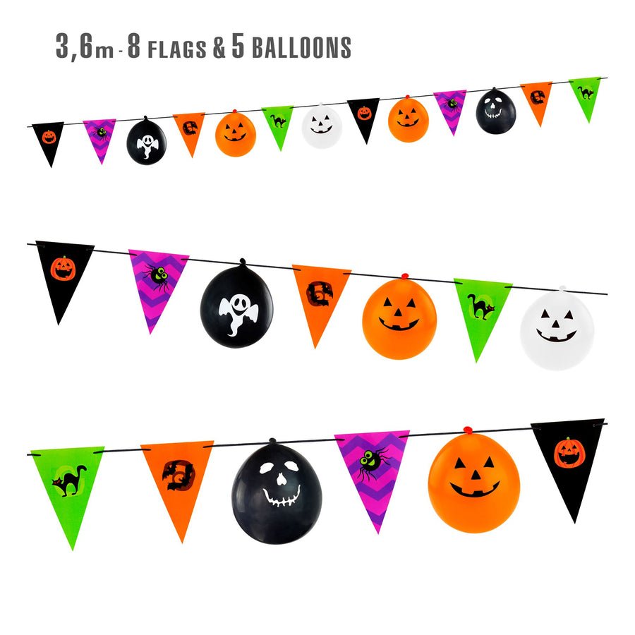 "HALLOWEEN GIRLANDE" (8 Flaggen 18x26 cm + 5 Ballons) - 3,6 m – Vorderansicht
