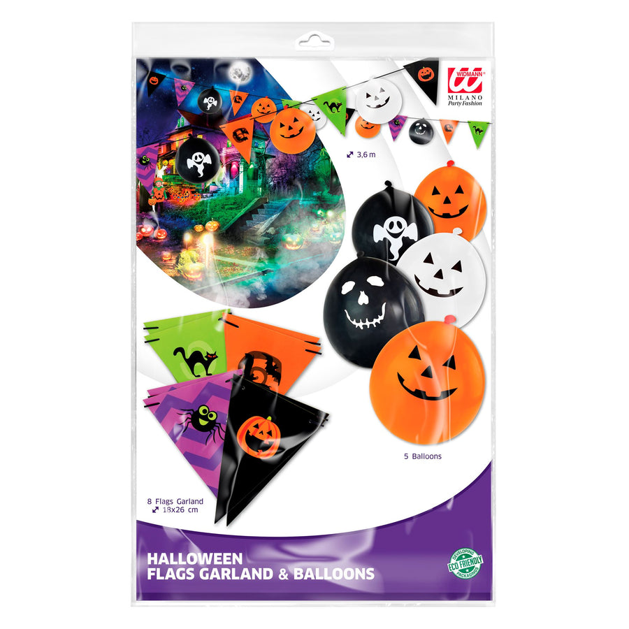 "HALLOWEEN GIRLANDE" (8 Flaggen 18x26 cm + 5 Ballons) - 3,6 m – Detailansicht