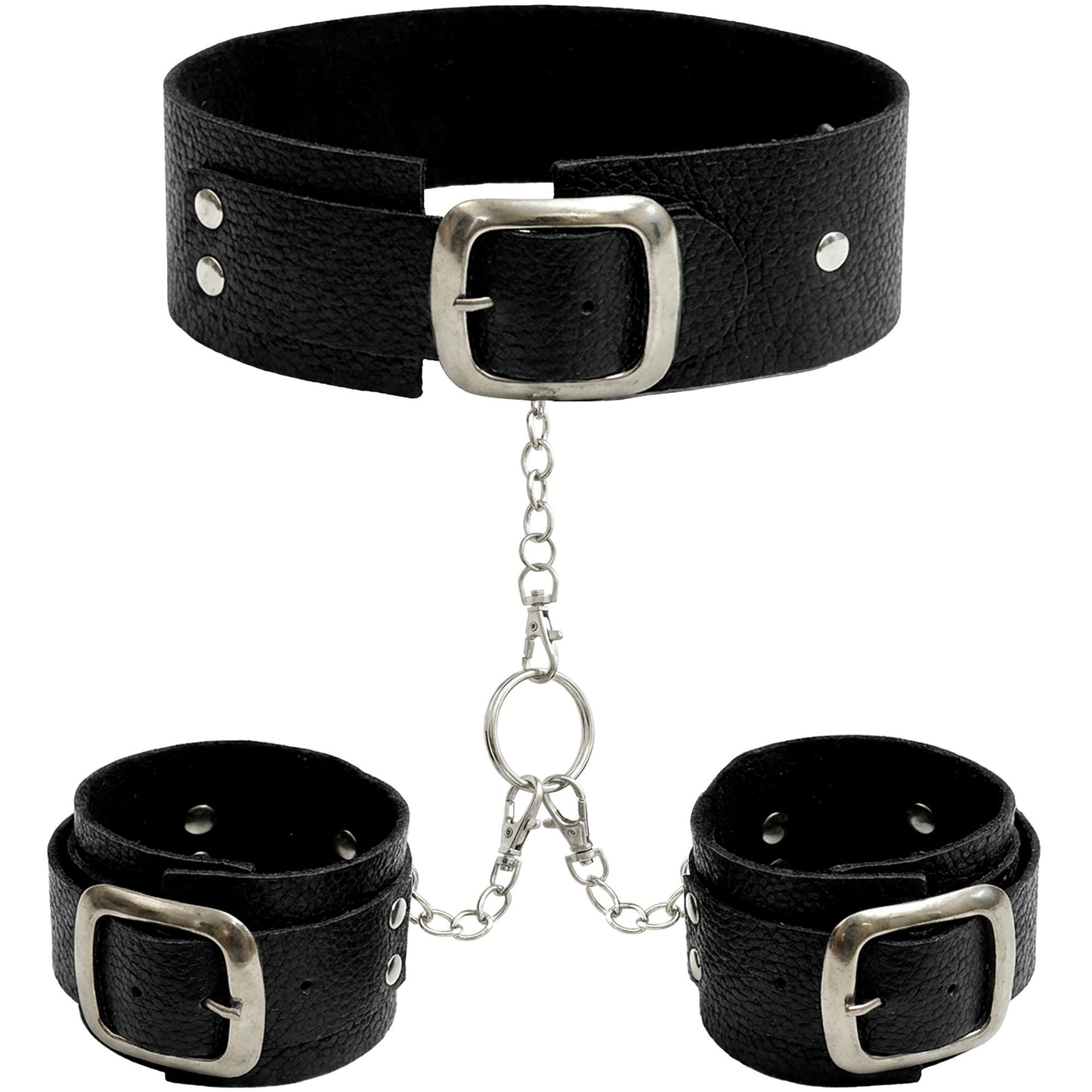 "HALSBAND MIT NIETENHANDSCHELLEN" aus Kunstleder mit Ketten – Vorderansicht