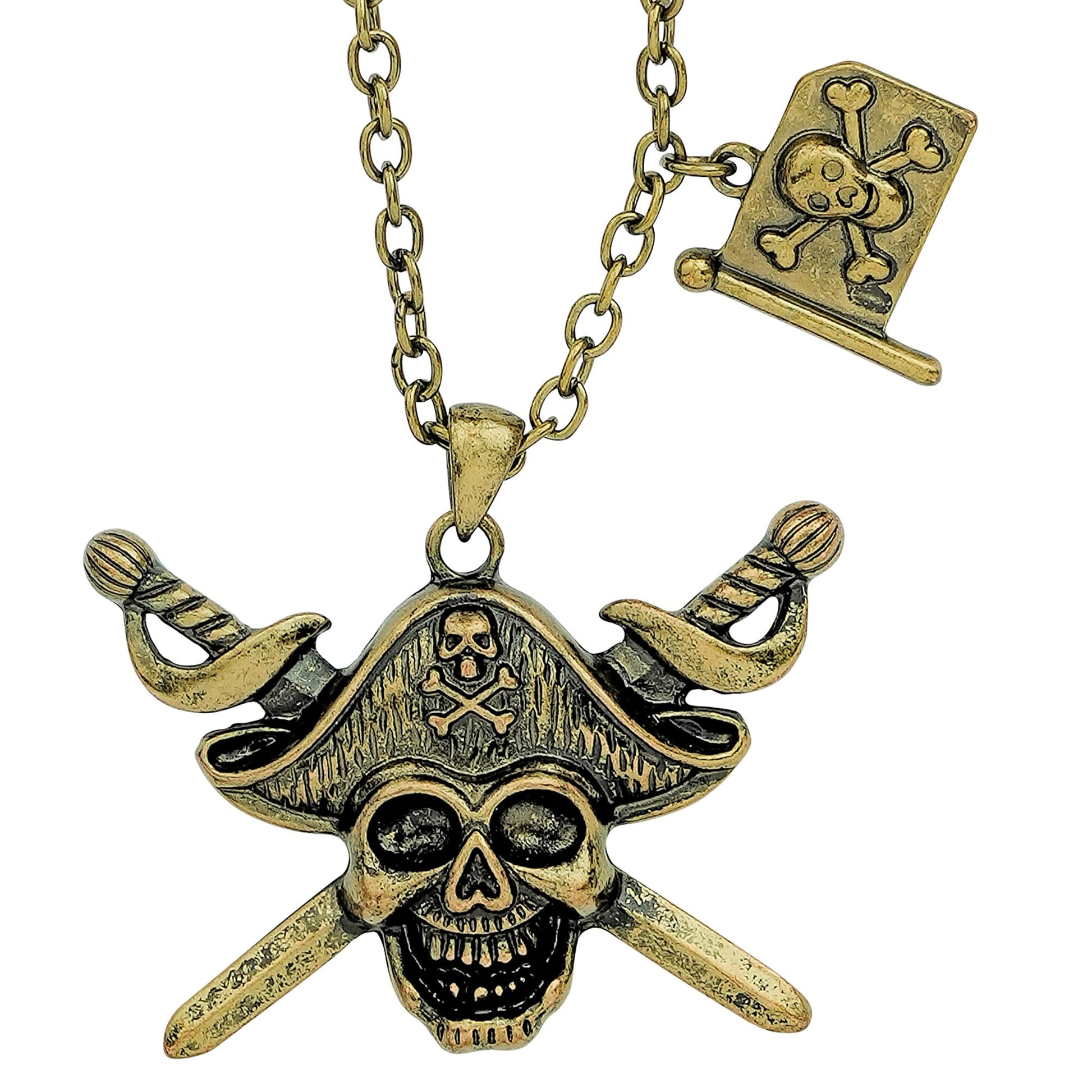 "HALSKETTE MIT PIRATENTOTENKOPF & GEKREUZTEN SCHWERTERN MIT PIRATENFLAGGE" – Vorderansicht