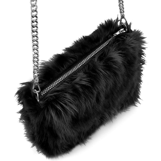 "HANDTASCHE LANGHAARPLÜSCH SCHWARZ" – Vorderansicht