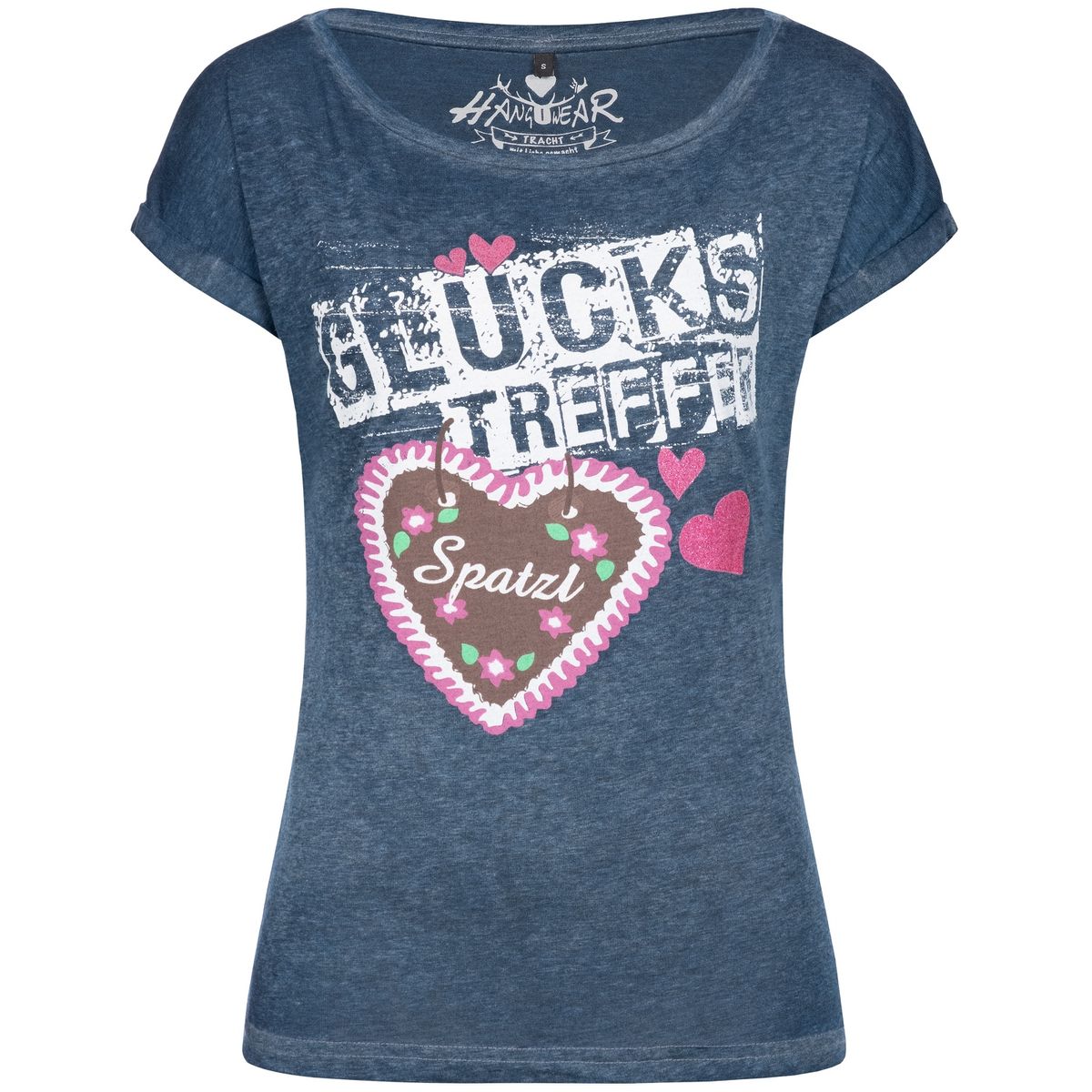 Trachten Shirt Damen – Hangowear Romy, Blau Bedruckt, Baumwoll-Mix - Fasnacht24.ch