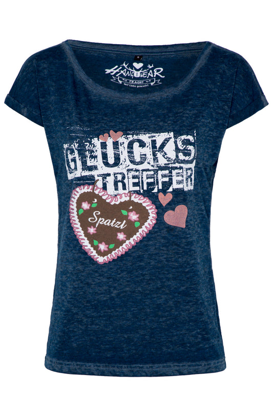 Trachten Shirt Damen – Hangowear Romy, Blau Bedruckt, Baumwoll-Mix - Fasnacht24.ch