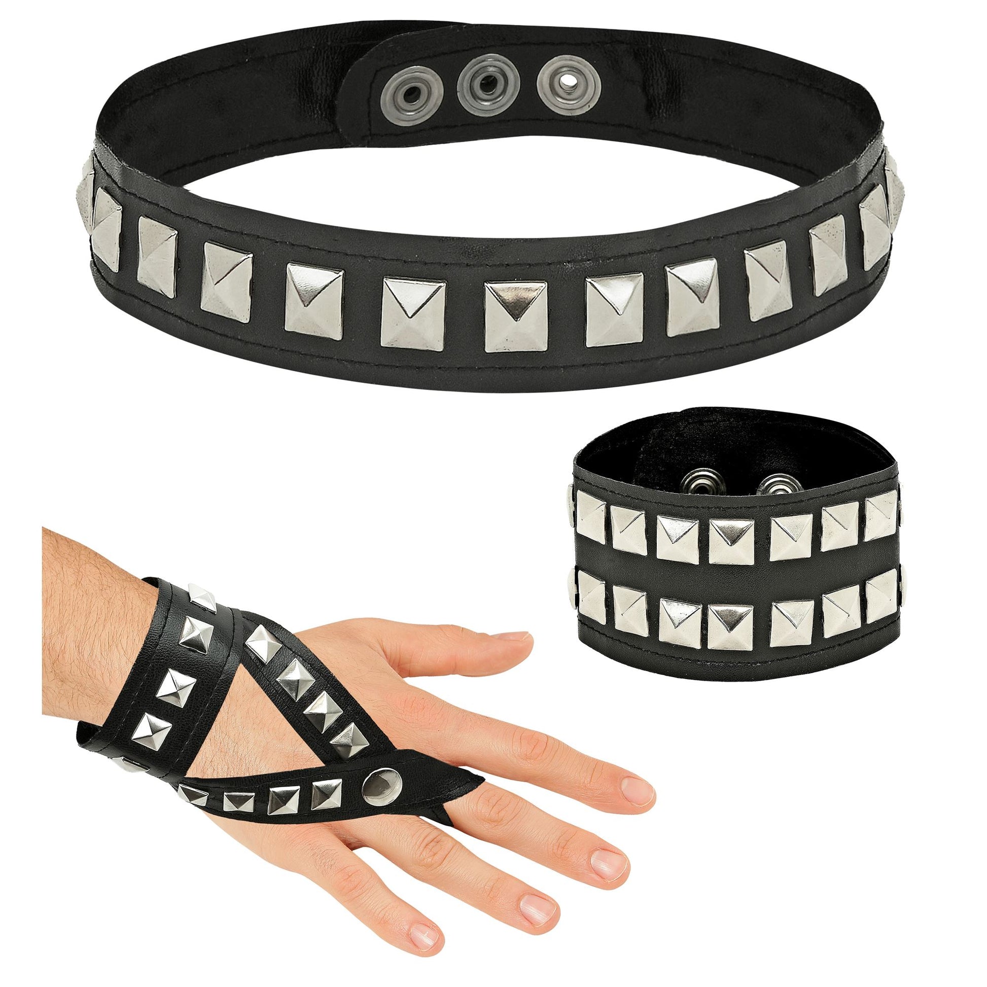 "HARD ROCK" Set aus Kunstleder (Kollier, Armband, Dianetten-Handschuhe mit Metallverzierungen) – Vorderansicht