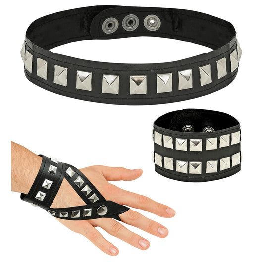 "HARD ROCK" Set aus Kunstleder (Kollier, Armband, Dianetten-Handschuhe mit Metallverzierungen) – Vorderansicht
