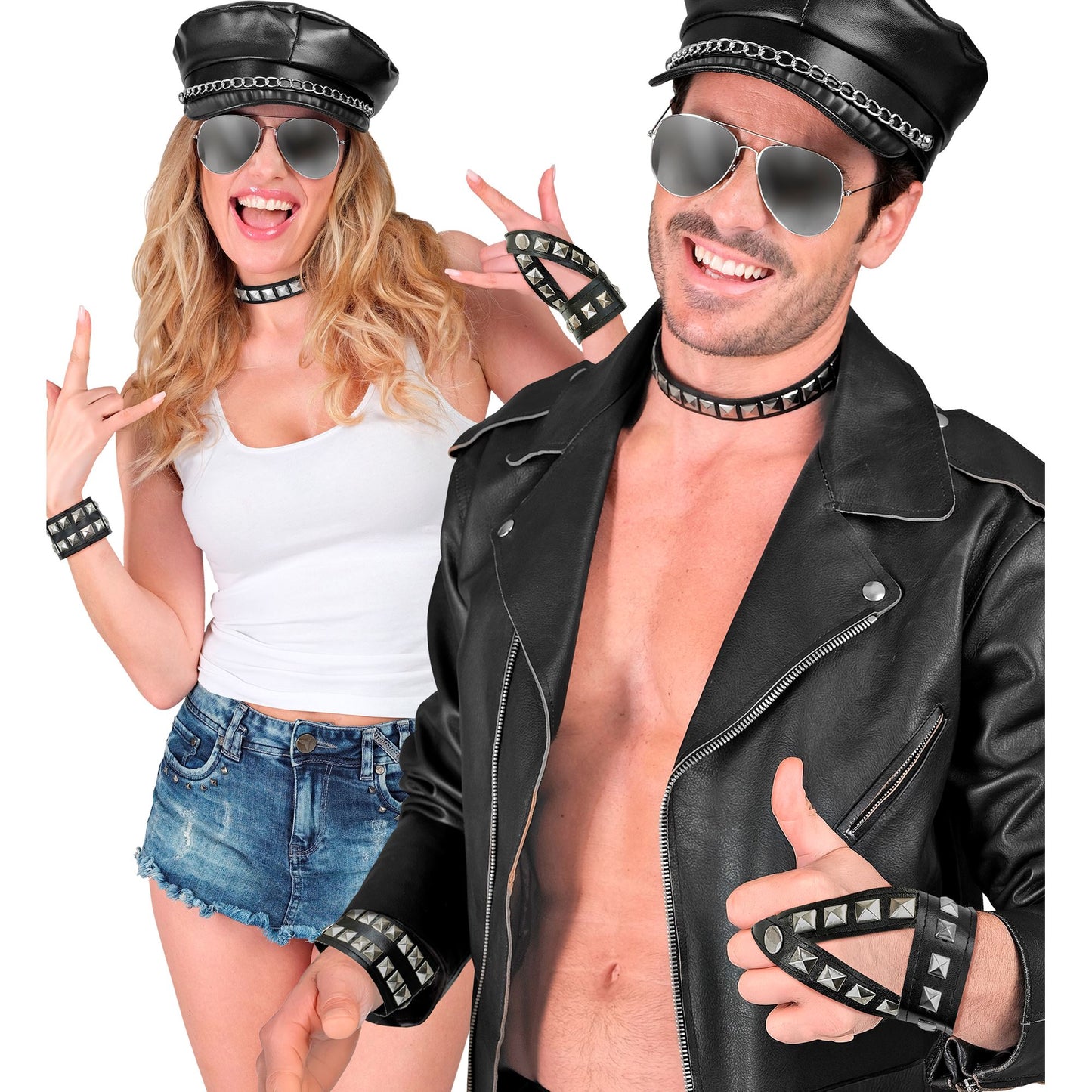"HARD ROCK" Set aus Kunstleder (Kollier, Armband, Dianetten-Handschuhe mit Metallverzierungen) – Detailansicht