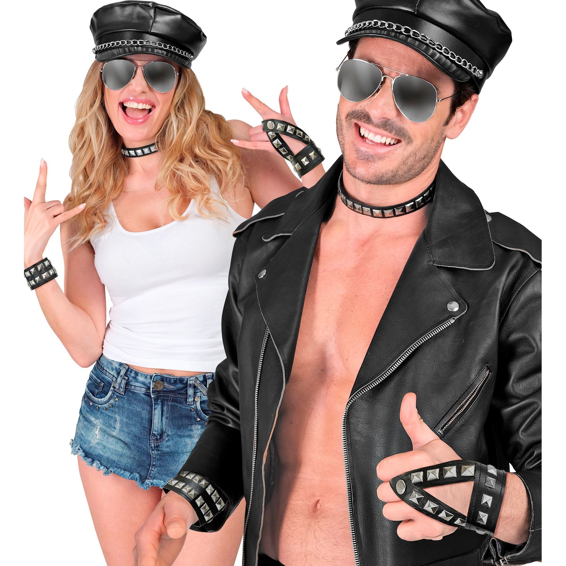 "HARD ROCK" Set aus Kunstleder (Kollier, Armband, Dianetten-Handschuhe mit Metallverzierungen) – Detailansicht