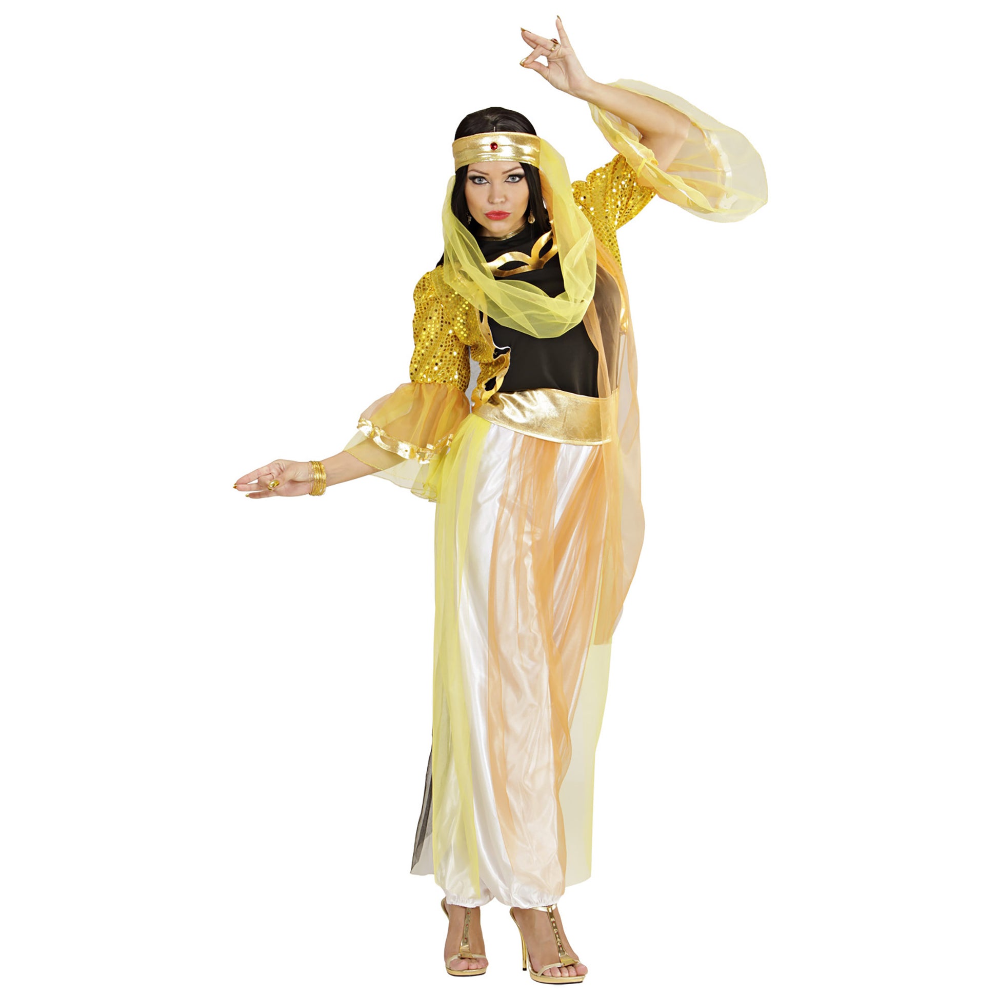 "HAREMTÄNZERIN" (Bluse, Paillettenjacke, Hose mit Schleiern, Gürtel, Kopfbedeckung mit Schleiern) – Vorderansicht