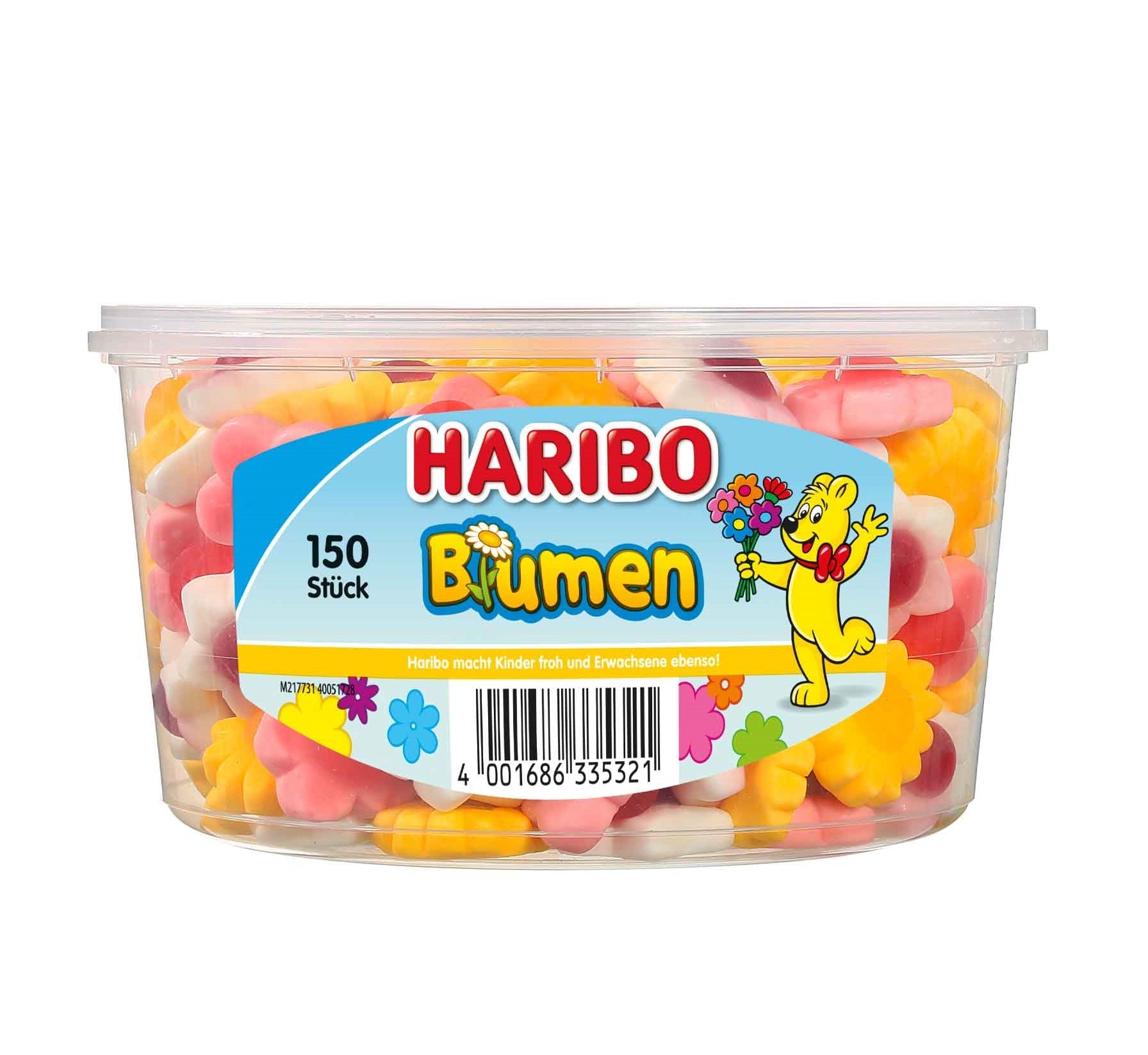 Bunte Haribo Blumen Fruchtgummis in Blütenform mit weicher Fondantfüllung im Beutel