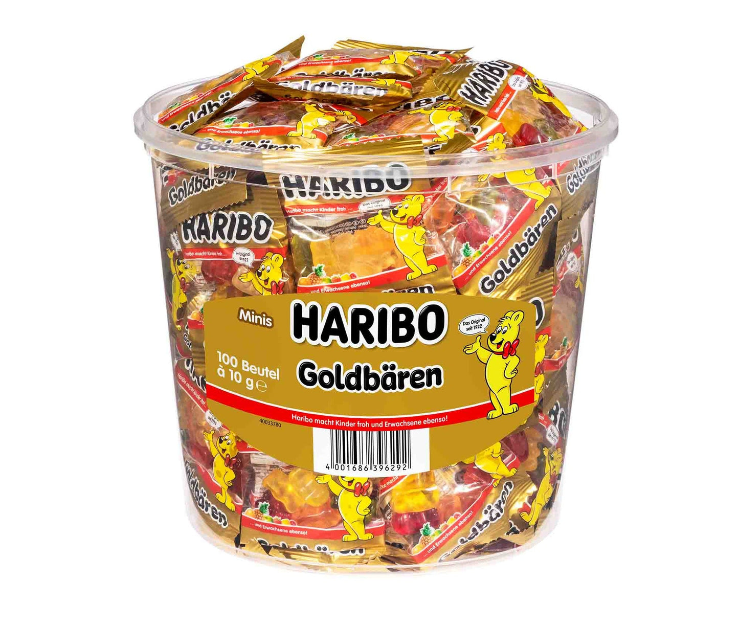 Packung mit 100 Portionen Haribo Goldbären Minis in bunten Fruchtgummi-Bären.