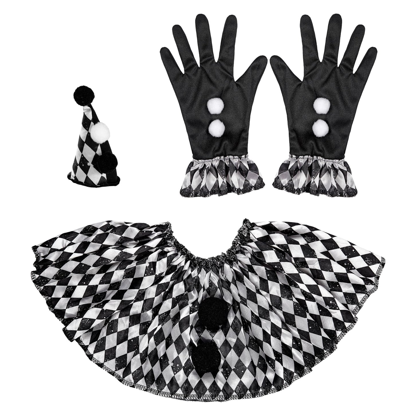 "HARLEKIN" (Minihut, Kragen, Handschuhe) – Vorderansicht