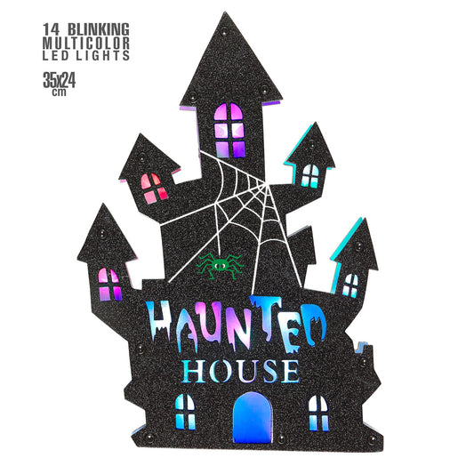 "HAUNTED HOUSE WANDDEKORATION MIT 6 LEUCHTENDEN MEHRFARBIGEN LED LICHTERN" 35x24 cm – Vorderansicht