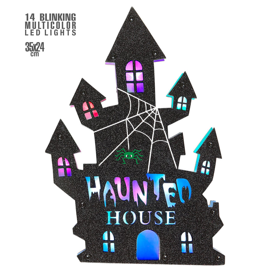 "HAUNTED HOUSE WANDDEKORATION MIT 6 LEUCHTENDEN MEHRFARBIGEN LED LICHTERN" 35x24 cm – Vorderansicht