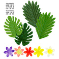 "HAWAIIANISCHES TISCHDEKO SET" (60 Blätter sortiert in 2 zwei Formen & Farben + 30 Blumen sortiert in 5 Farben) – Vorderansicht