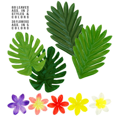 "HAWAIIANISCHES TISCHDEKO SET" (60 Blätter sortiert in 2 zwei Formen & Farben + 30 Blumen sortiert in 5 Farben) – Vorderansicht