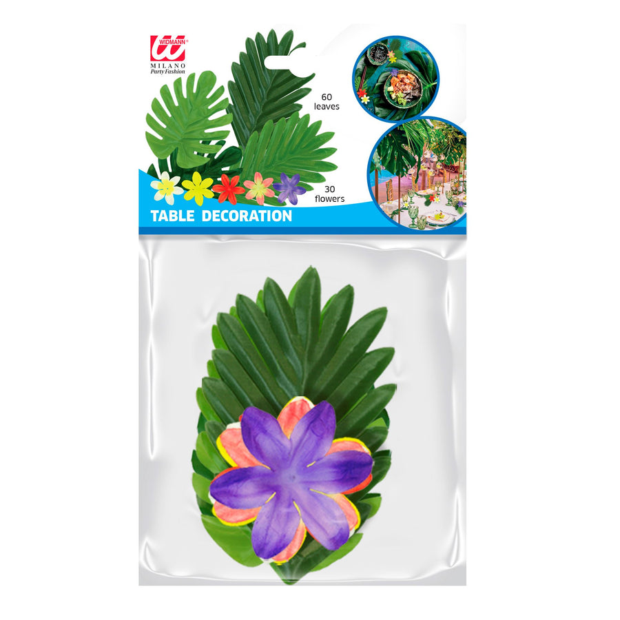 "HAWAIIANISCHES TISCHDEKO SET" (60 Blätter sortiert in 2 zwei Formen & Farben + 30 Blumen sortiert in 5 Farben) – Detailansicht