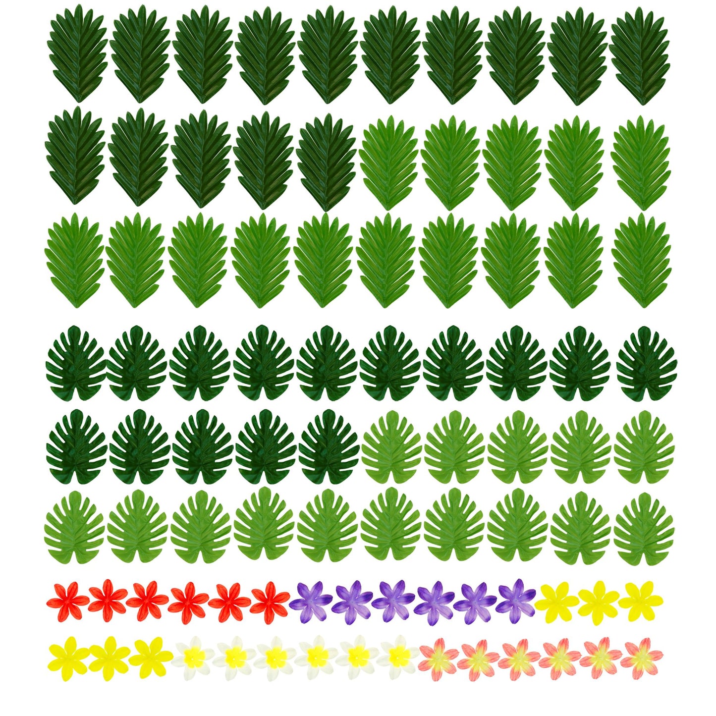 "HAWAIIANISCHES TISCHDEKO SET" (60 Blätter sortiert in 2 zwei Formen & Farben + 30 Blumen sortiert in 5 Farben) – Ansicht 3