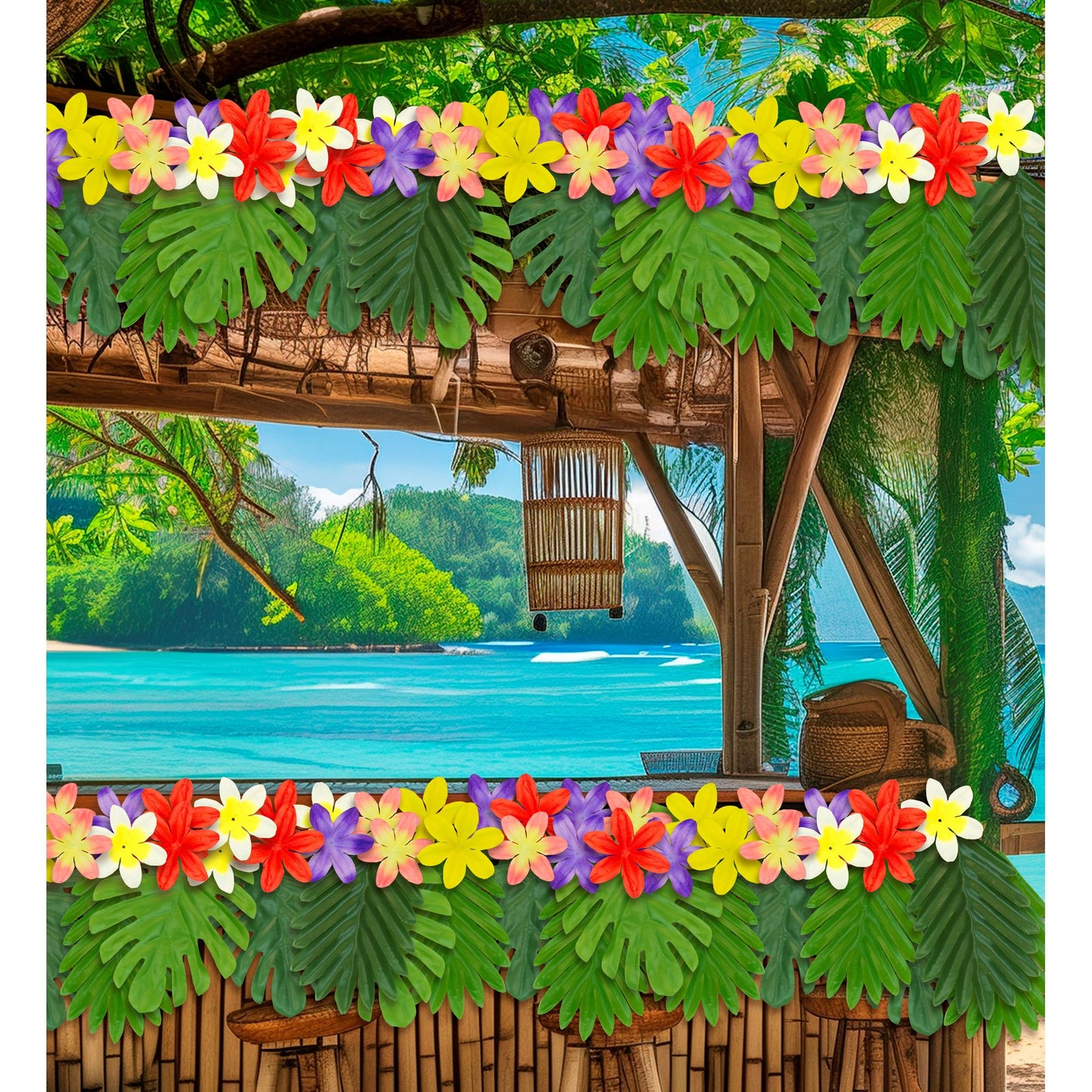 "HAWAIIANISCHES TISCHDEKO SET" (60 Blätter sortiert in 2 zwei Formen & Farben + 30 Blumen sortiert in 5 Farben) – Ansicht 5