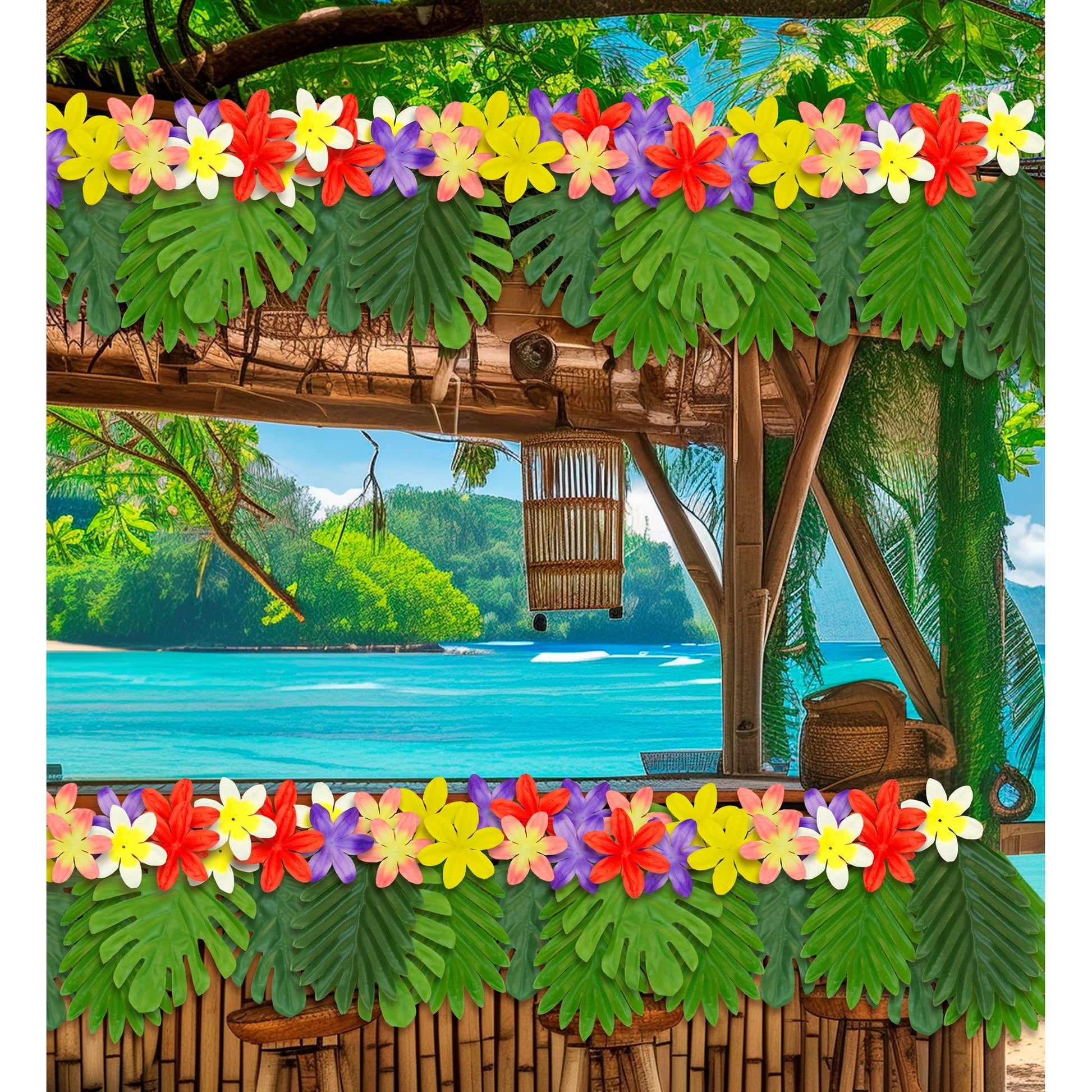 "HAWAIIANISCHES TISCHDEKO SET" (60 Blätter sortiert in 2 zwei Formen & Farben + 30 Blumen sortiert in 5 Farben) – Ansicht 5