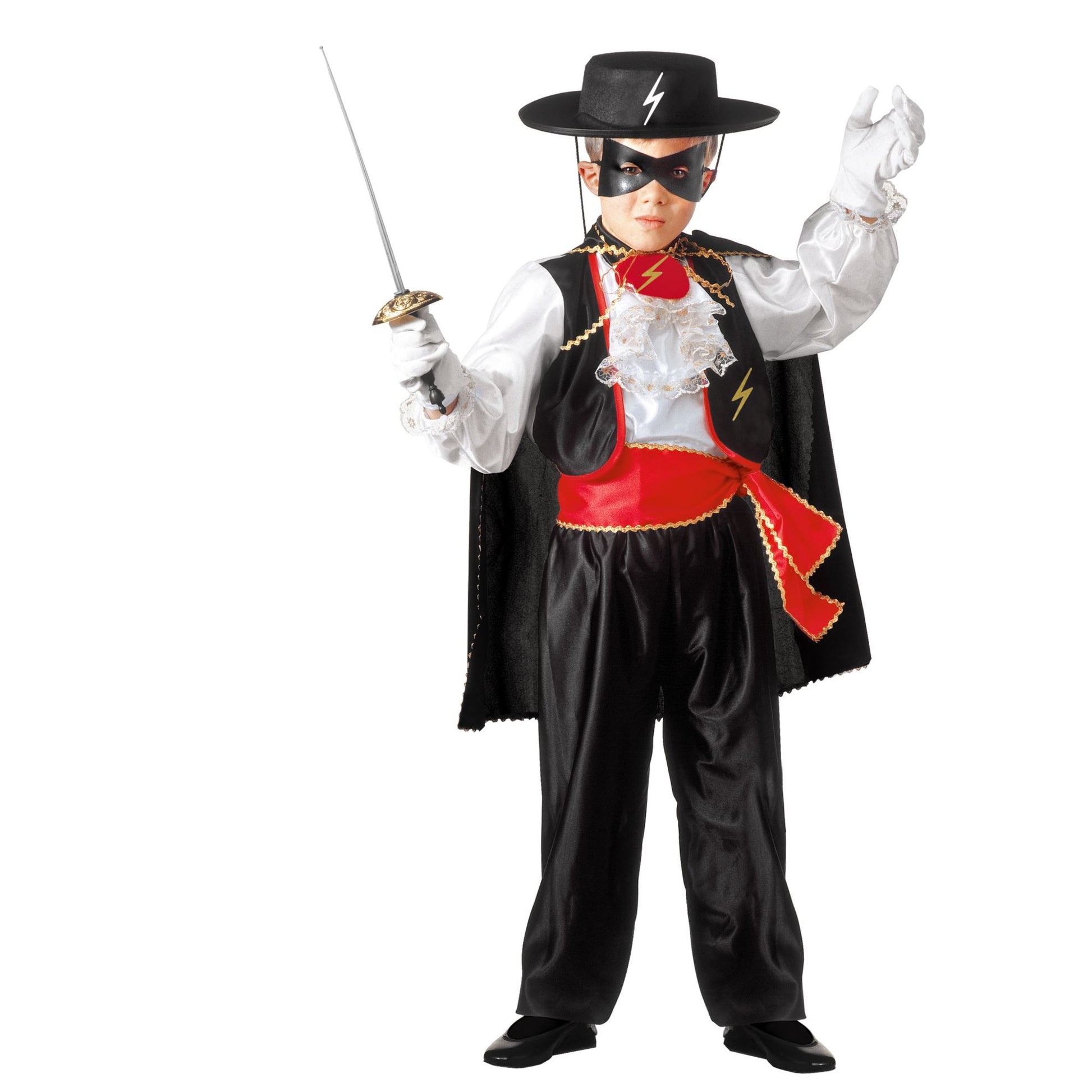 "HELD MASKIERTER VERBRECHER" (Hemd mit Jabot, Weste, Hose, Gürtel, Umhang, Maske) – Vorderansicht