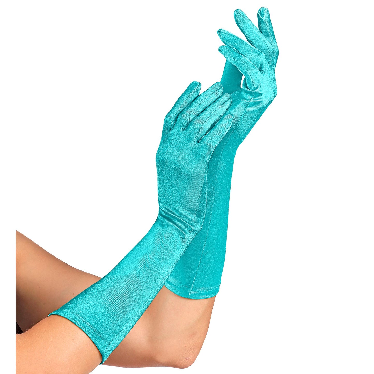 "HELLBLAUE SATIN HANDSCHUHE IN ELASTHAN" 40 cm – Vorderansicht