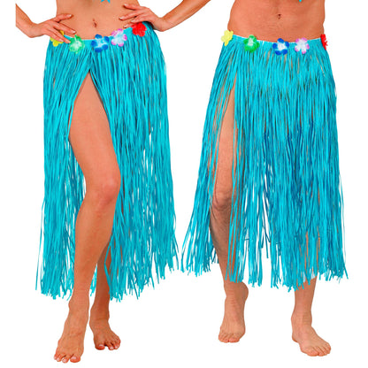 "HELLBLAUER HAWAII BASTROCK MIT BLUMENGÜRTEL" 80 cm - größenverstellbar – Vorderansicht