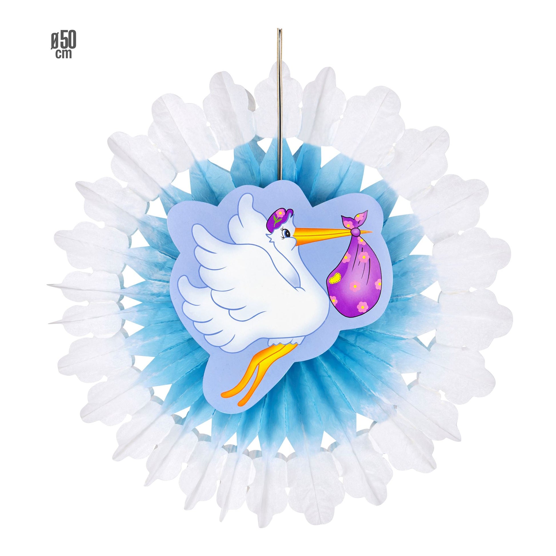 "HELLBLAUER PAPIERFÄCHER MIT STORCH UND BABY" 50 cm – Vorderansicht