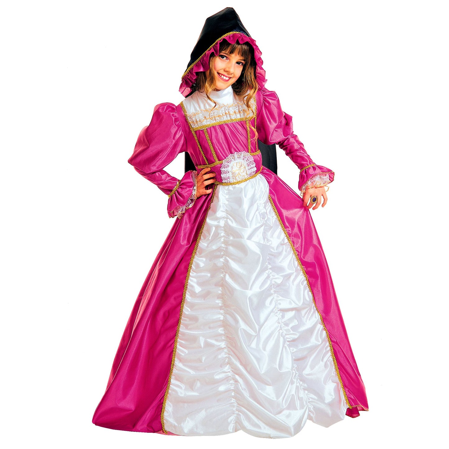 "HERZOGIN VON YORK" (Kleid mit Petticoat, Umhang mit Kapuze) – Vorderansicht