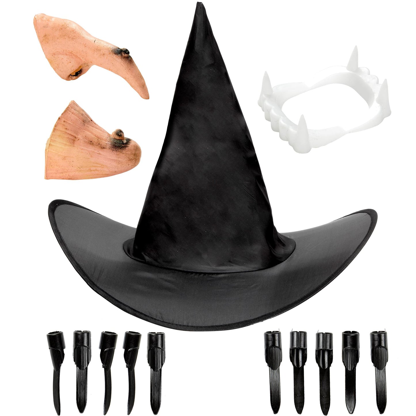 "HEXE" Dress- Up- Set (Hut, Nase, Kinn, Gebiss, Nägel) – Vorderansicht