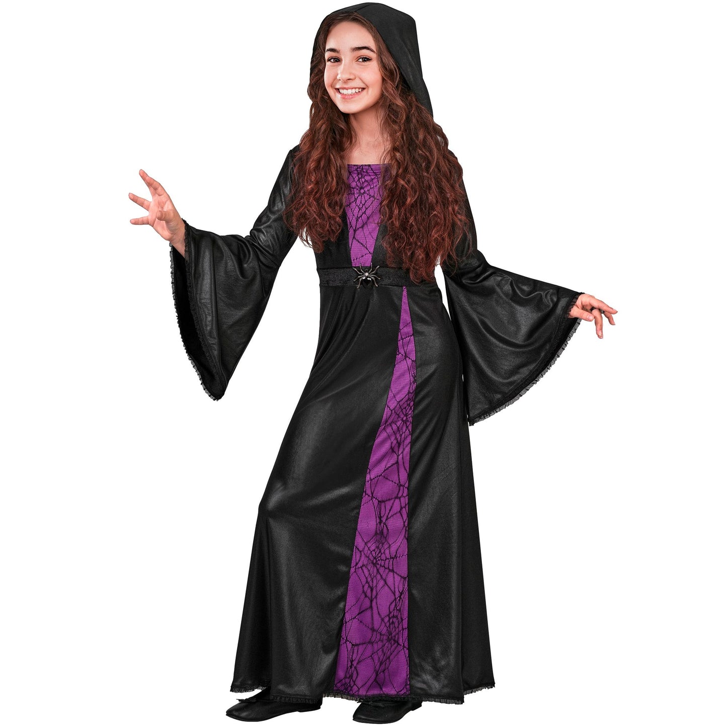 "HEXE" (Kleid mit Kapuze und Spinnenbrosche) – Vorderansicht