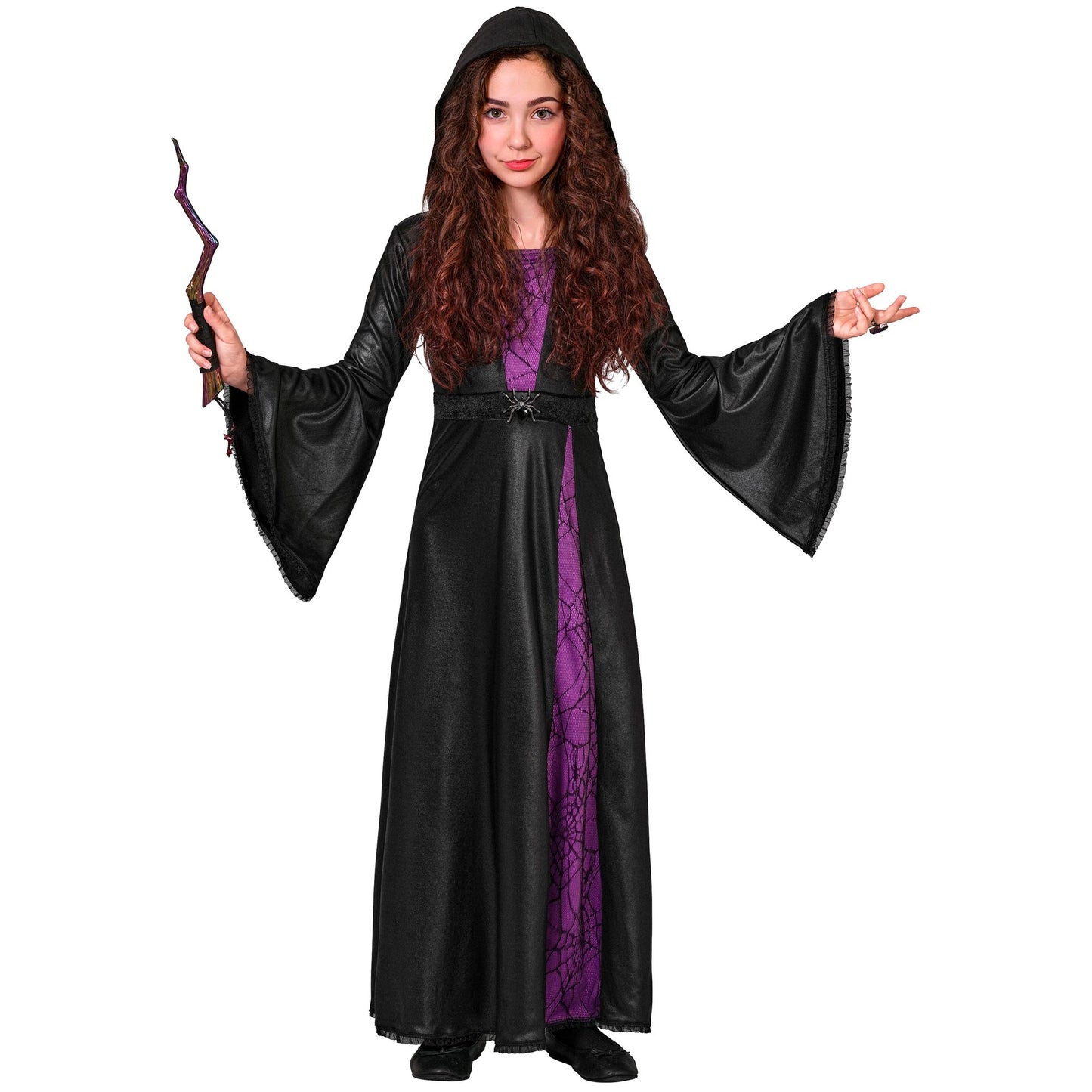 "HEXE" (Kleid mit Kapuze und Spinnenbrosche) – Detailansicht