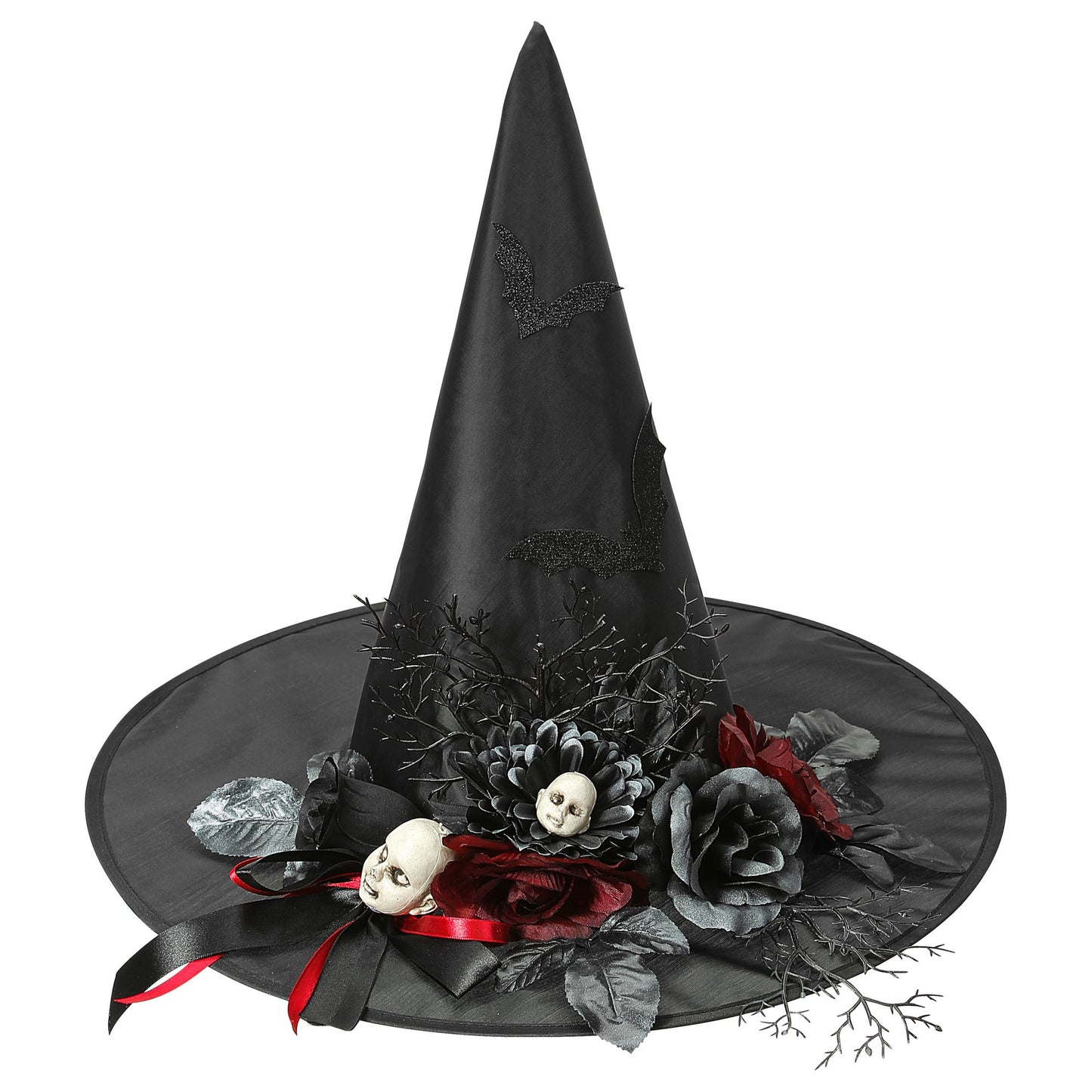 "HEXENHUT MIT FLEDERMÄUSEN, ROSEN & KÖPFEN VON ZOMBIEPUPPEN" – Vorderansicht