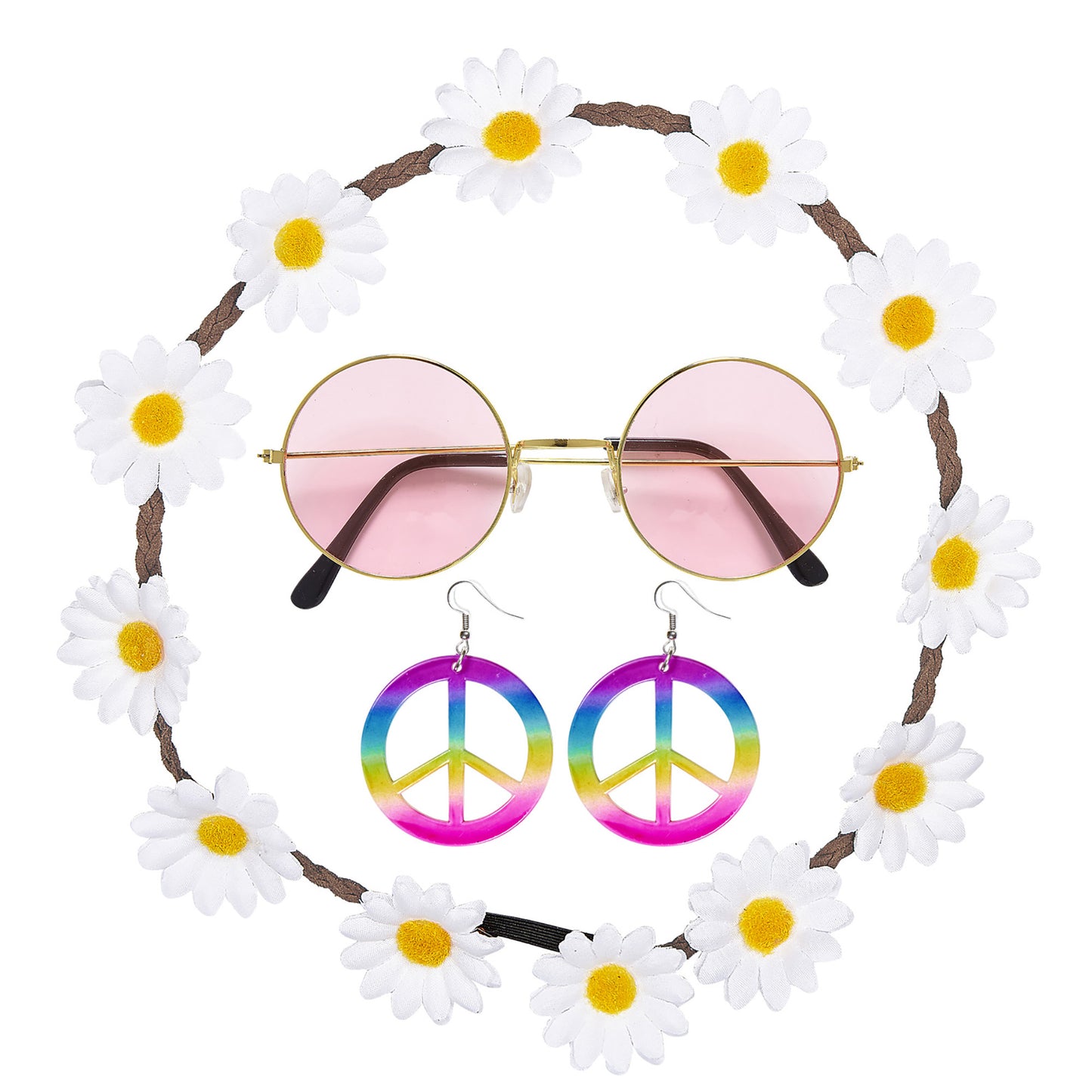 "HIPPIE" (Blumenhaarband, Ohrringe, Brille) – Vorderansicht