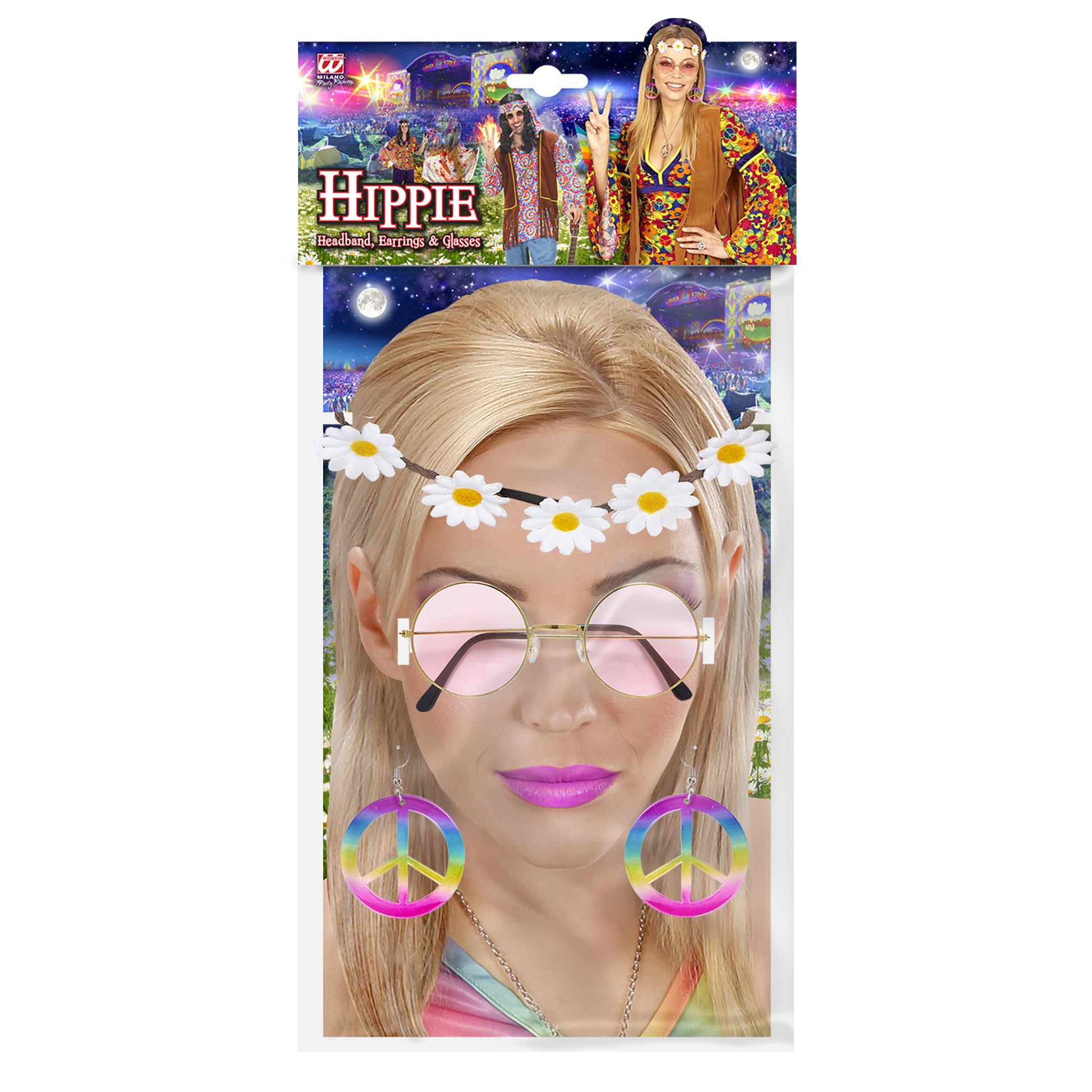 "HIPPIE" (Blumenhaarband, Ohrringe, Brille) – Detailansicht
