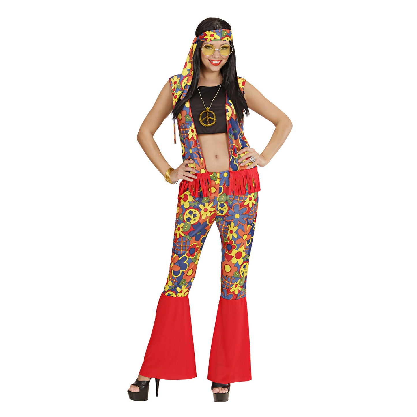 "HIPPIE FRAU" (Top, Weste, Hose, Kopftuch, Kette mit Medaillon) – Vorderansicht