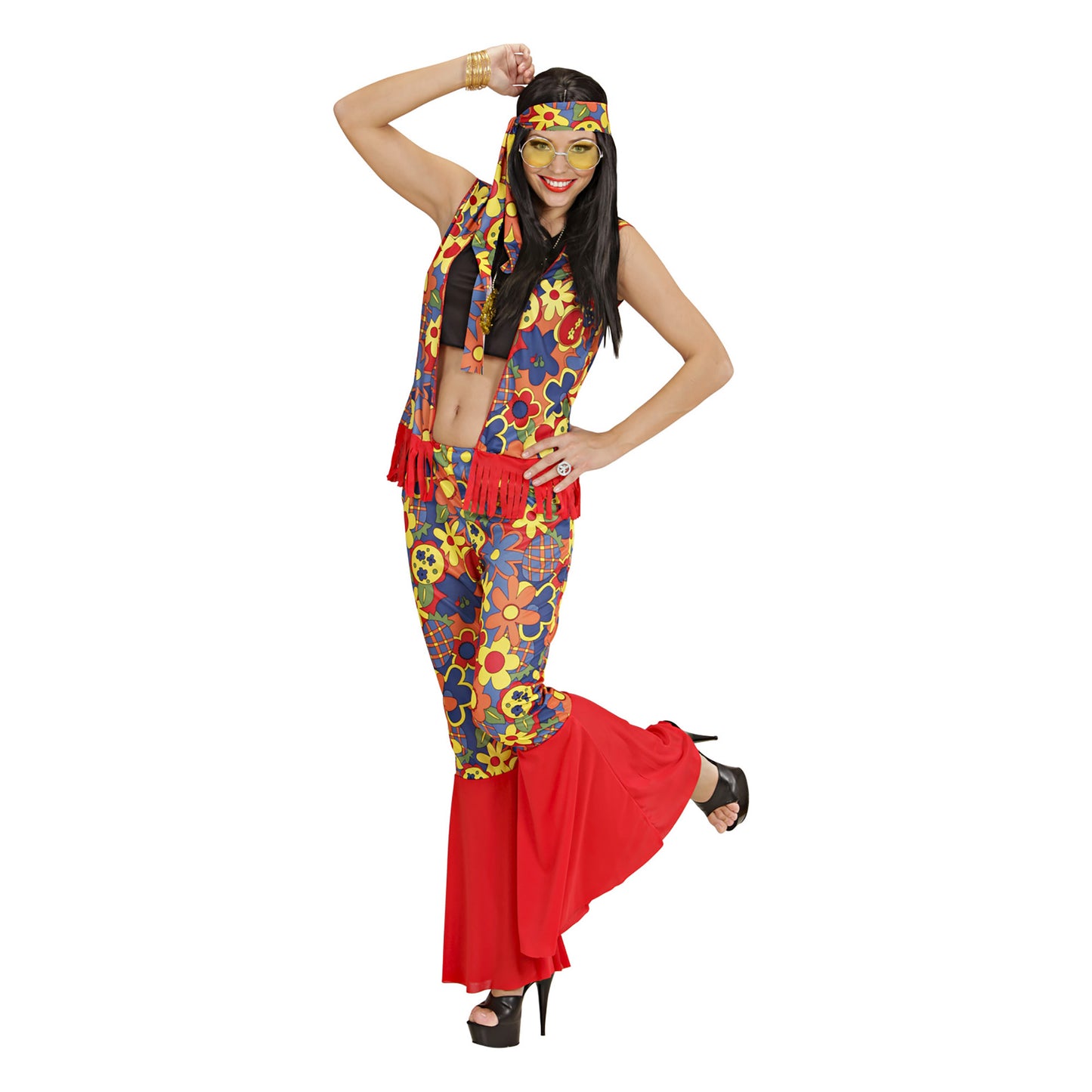 "HIPPIE FRAU" (Top, Weste, Hose, Kopftuch, Kette mit Medaillon) – Detailansicht